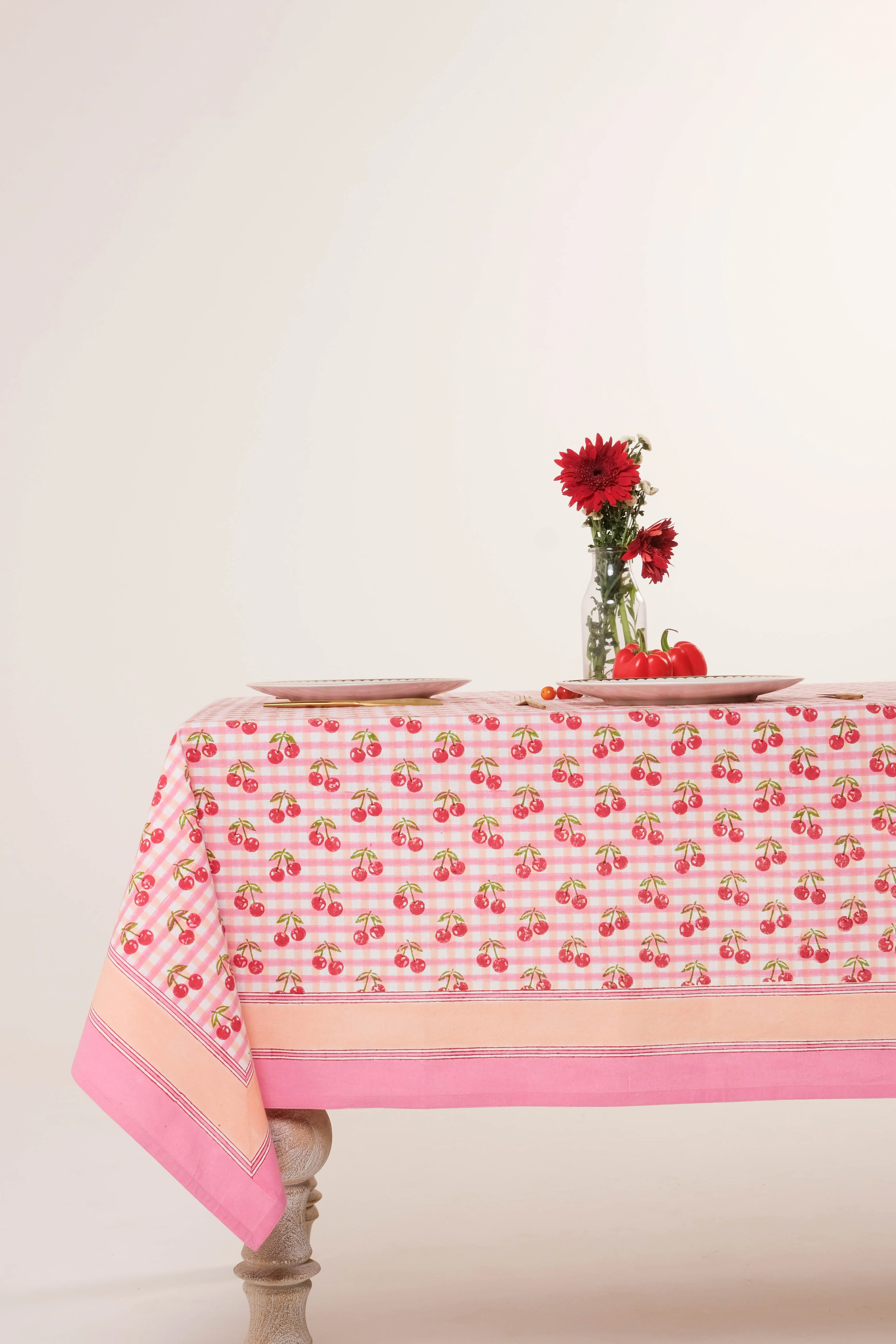 Cherry Blockprint Tablecloth in Red Gingham - Image 3
