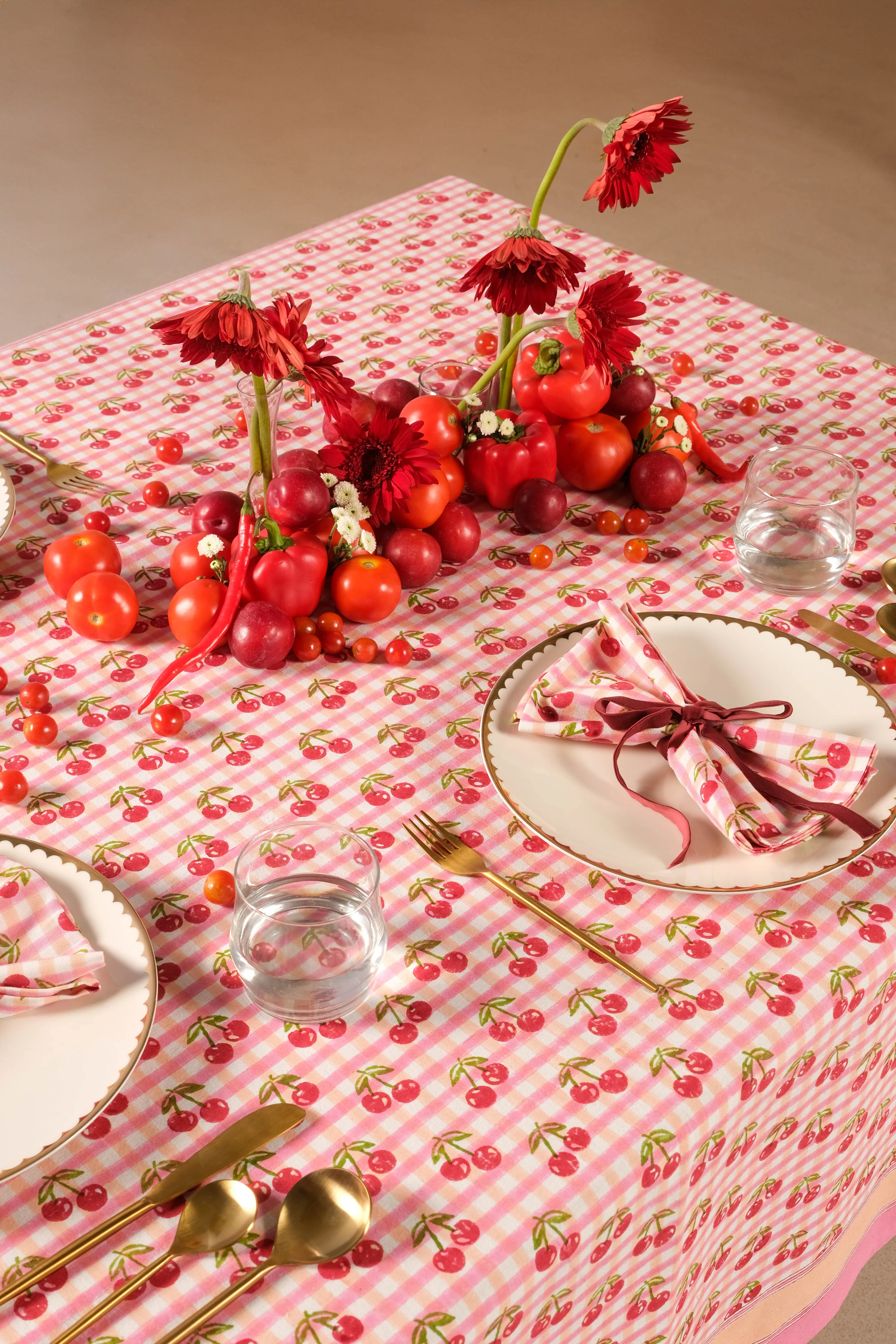 Cherry Blockprint Tablecloth in Red Gingham - Image 4