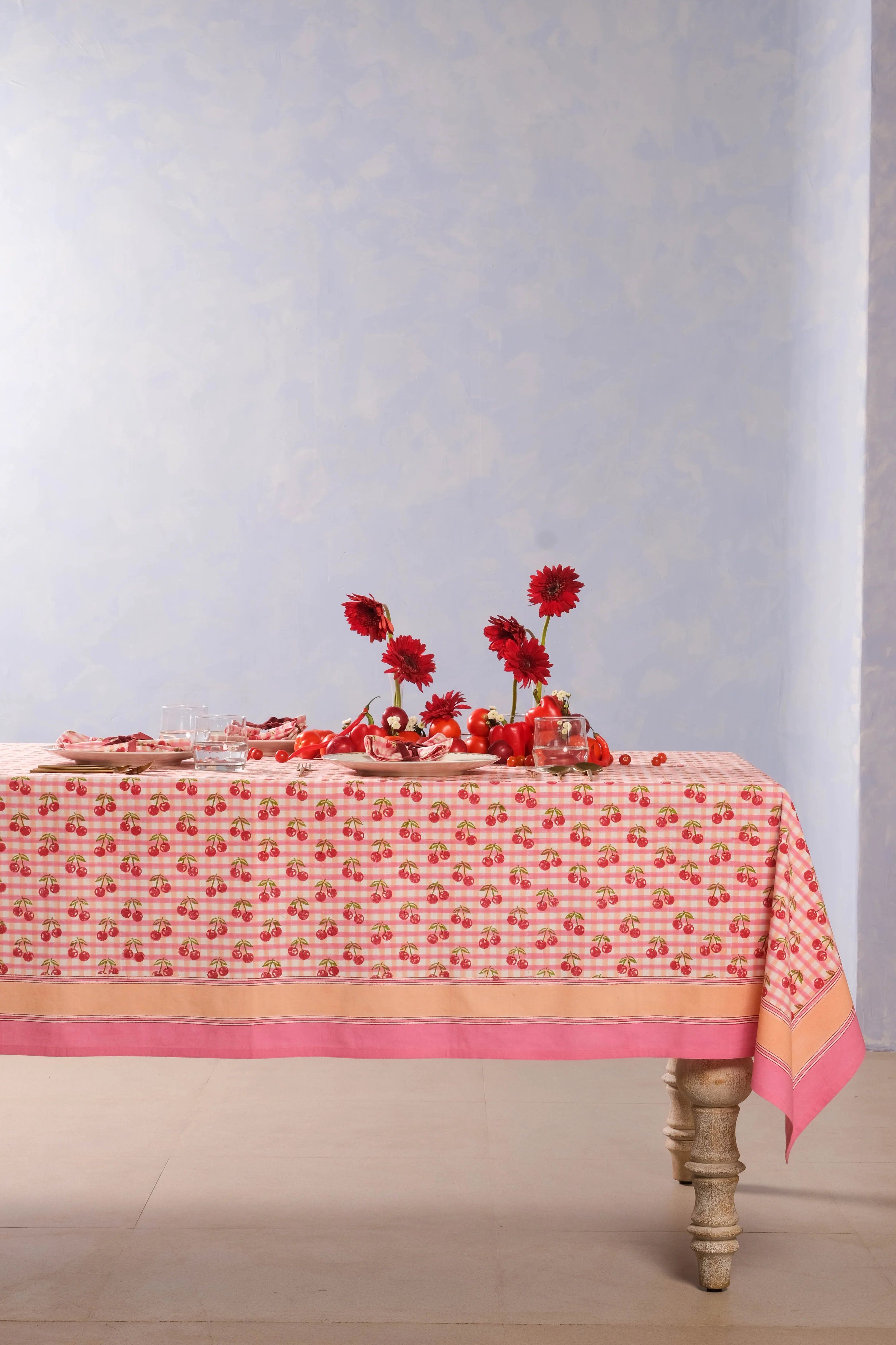 Cherry Blockprint Tablecloth in Red Gingham - Image 5