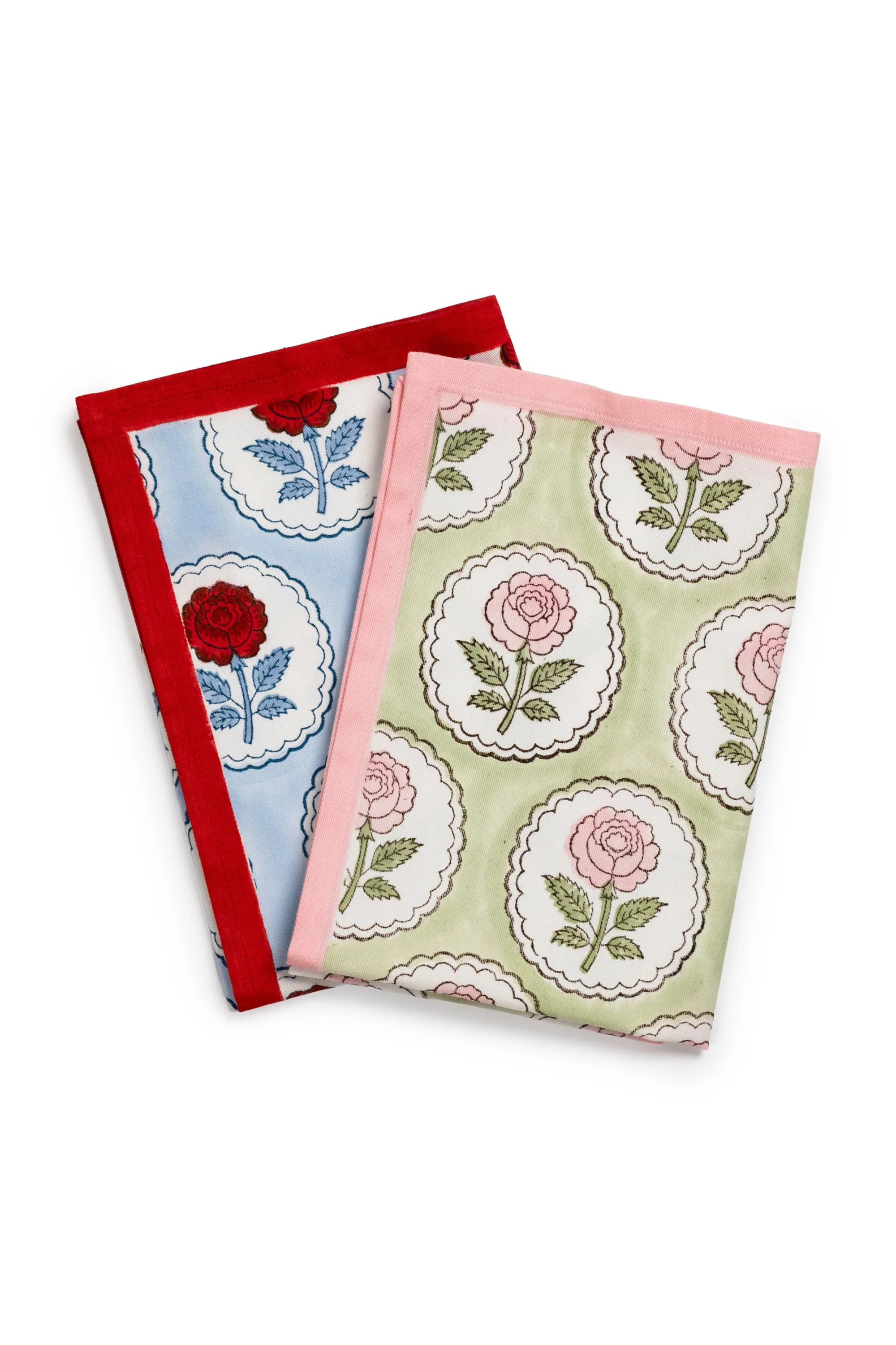 English Rose Blockprint Napkins in Green, Set of 4 - Image 3