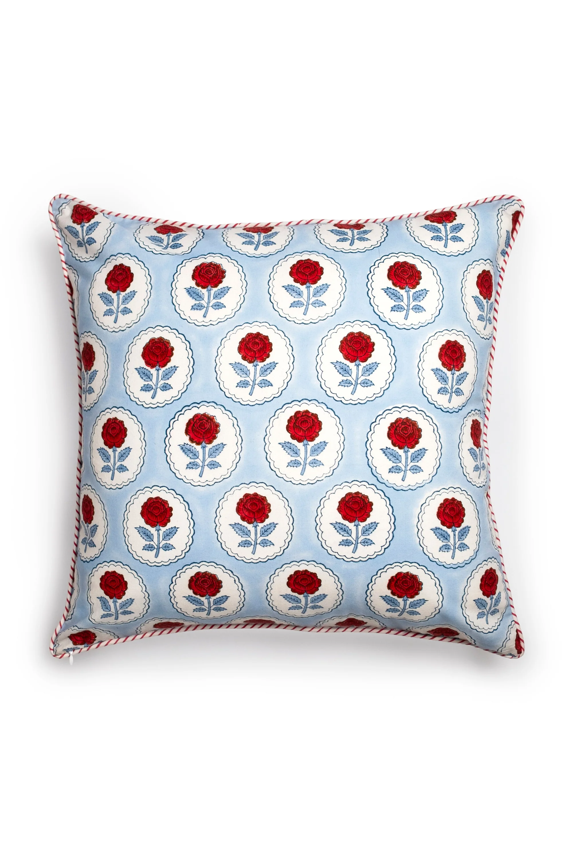 English Rose Blockprint Pillow Cover in Blue and Red