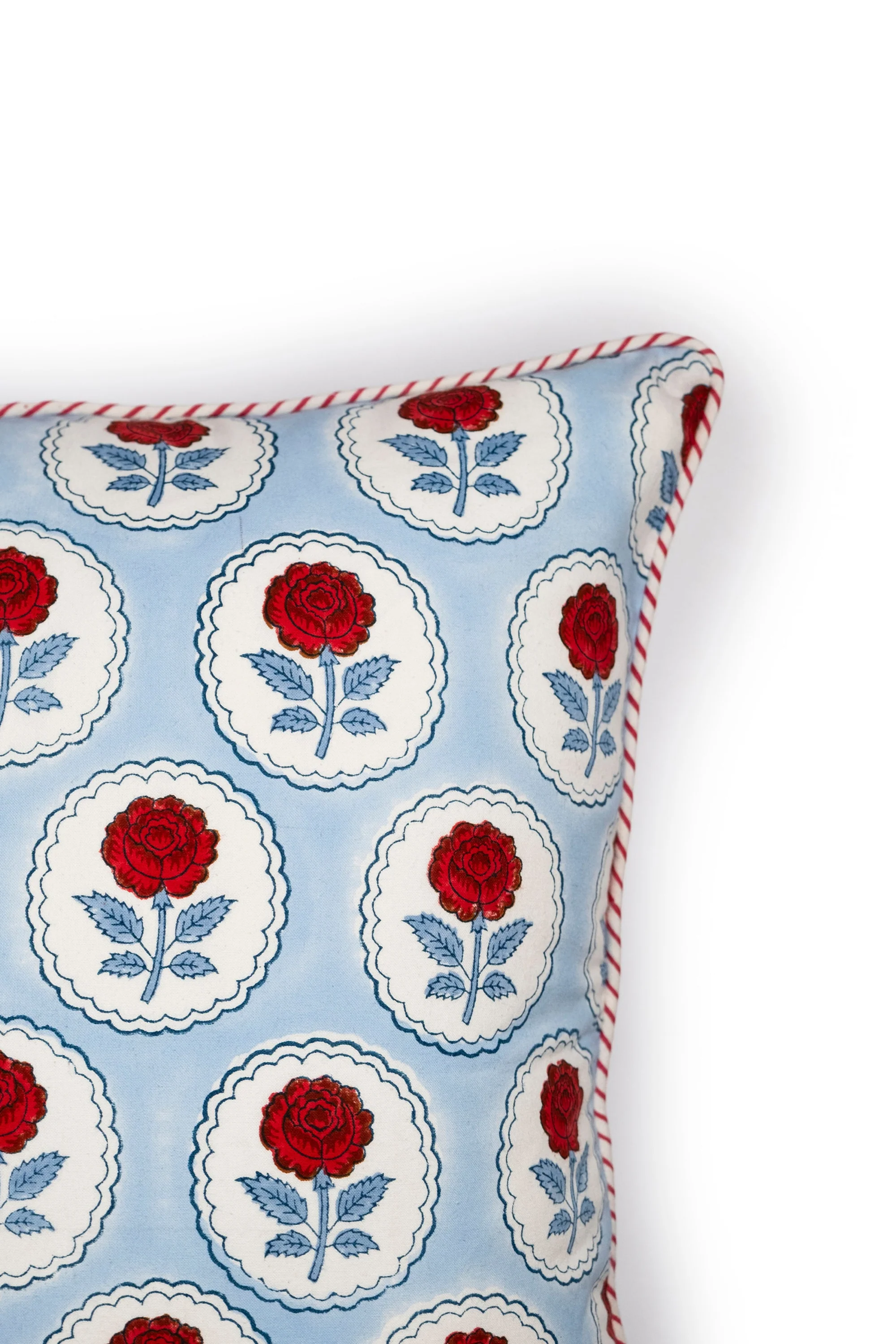 English Rose Blockprint Pillow Cover in Blue and Red - Image 2