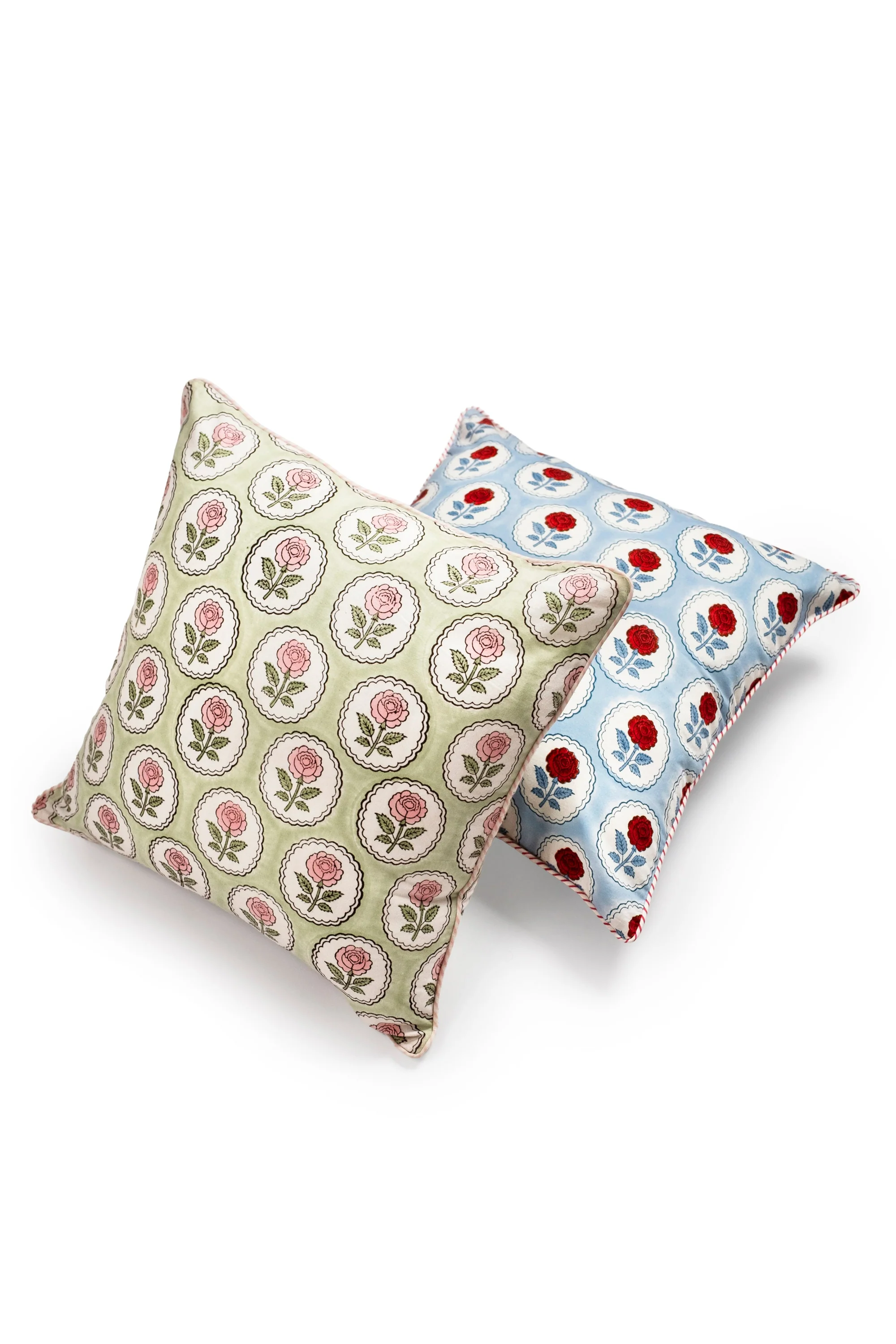 English Rose Blockprint Pillow Cover in Blue and Red - Image 3