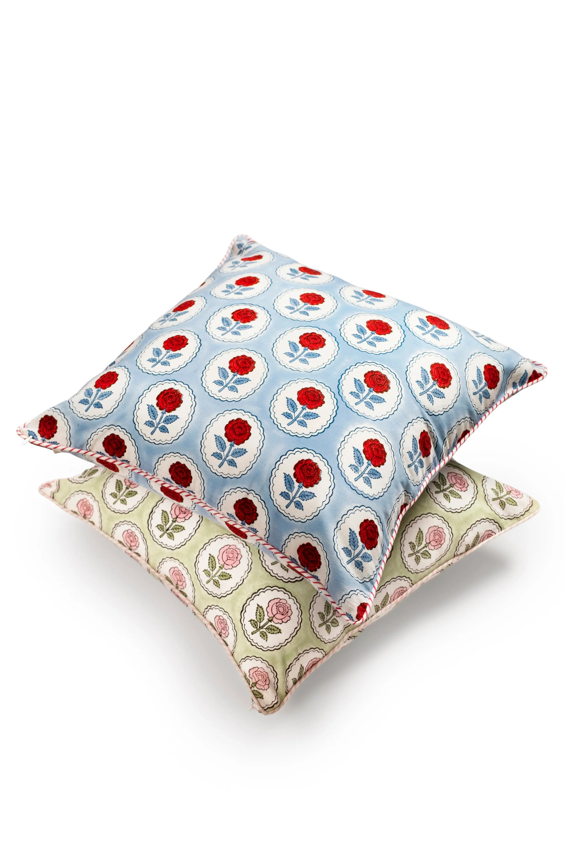 English Rose Blockprint Pillow Cover in Blue and Red - Image 4