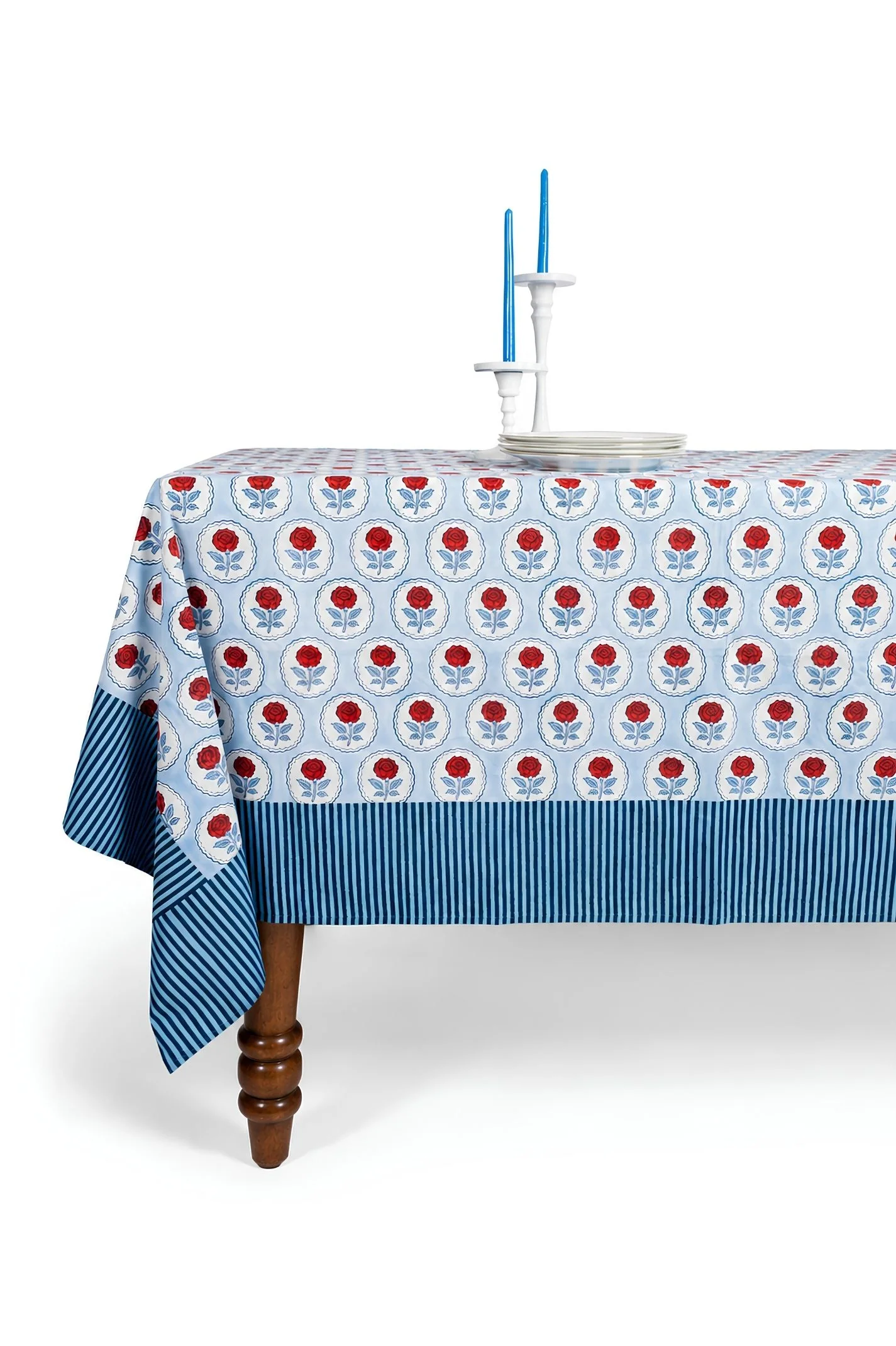 English Rose Blockprint Tablecloth in Red and Blue - Image 3