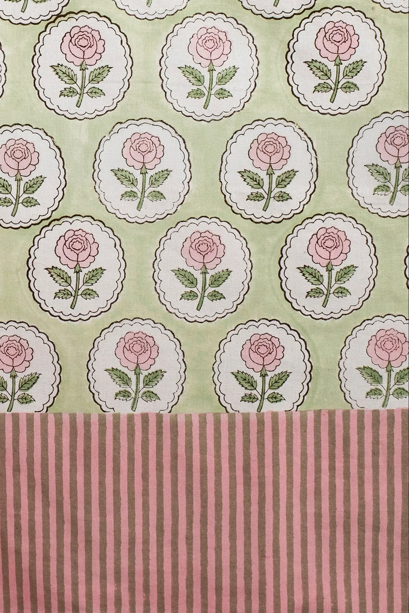 English Rose Blockprint Tablecloth in Pink and Green - Image 4