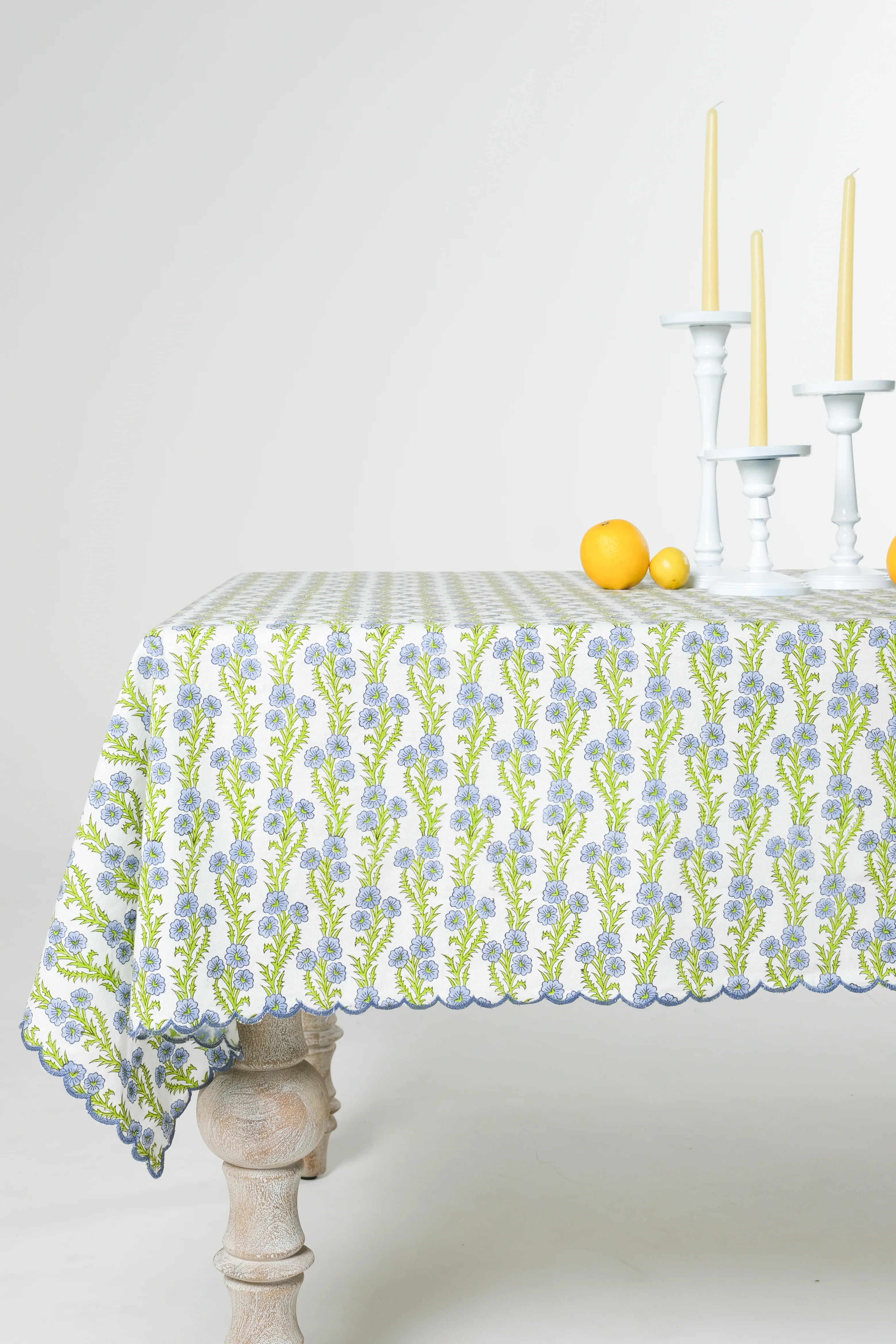 Forget-Me-Not Scallop Embroidered Blockprint Tablecloth - Image 4