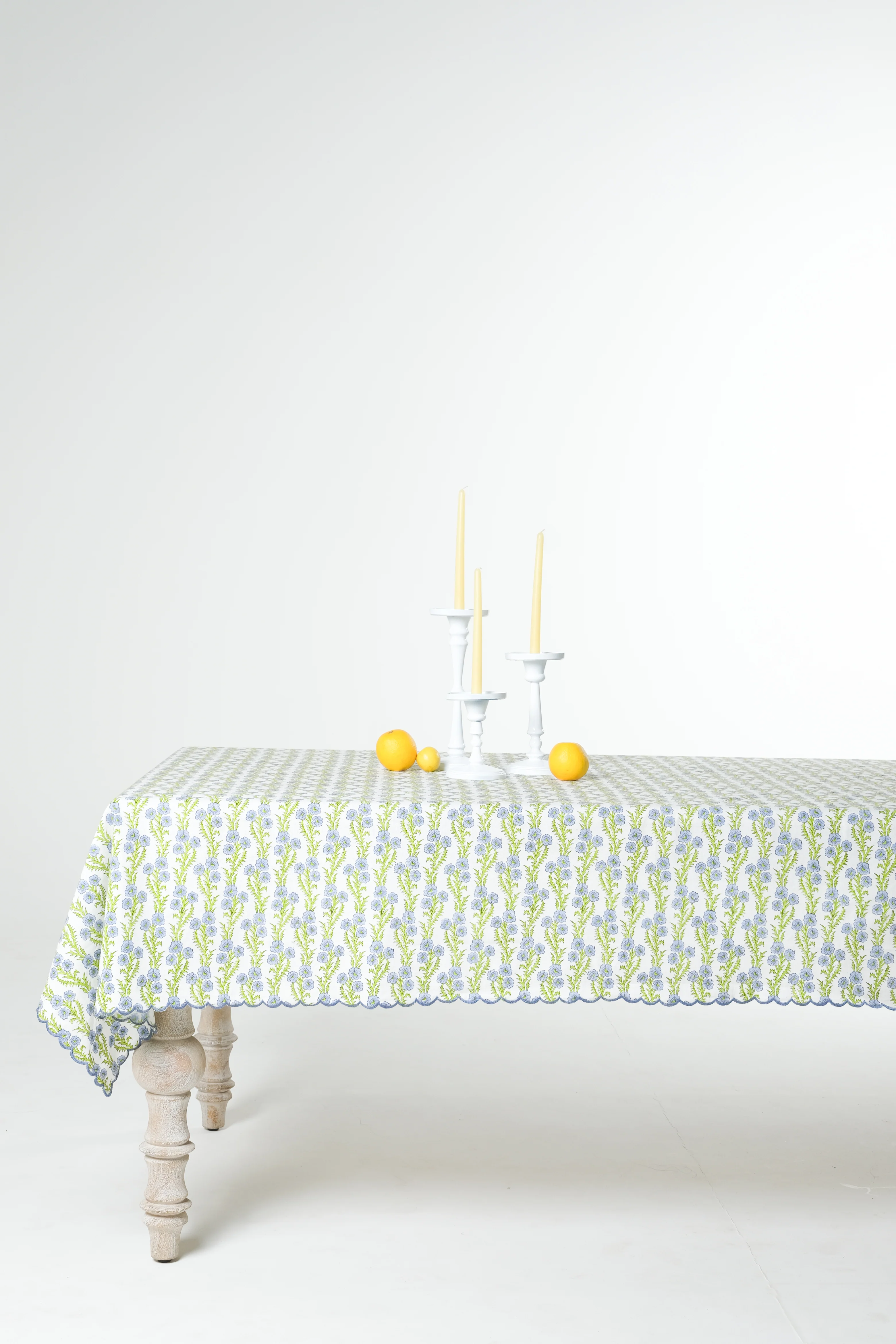 Forget-Me-Not Scallop Embroidered Blockprint Tablecloth - Image 6