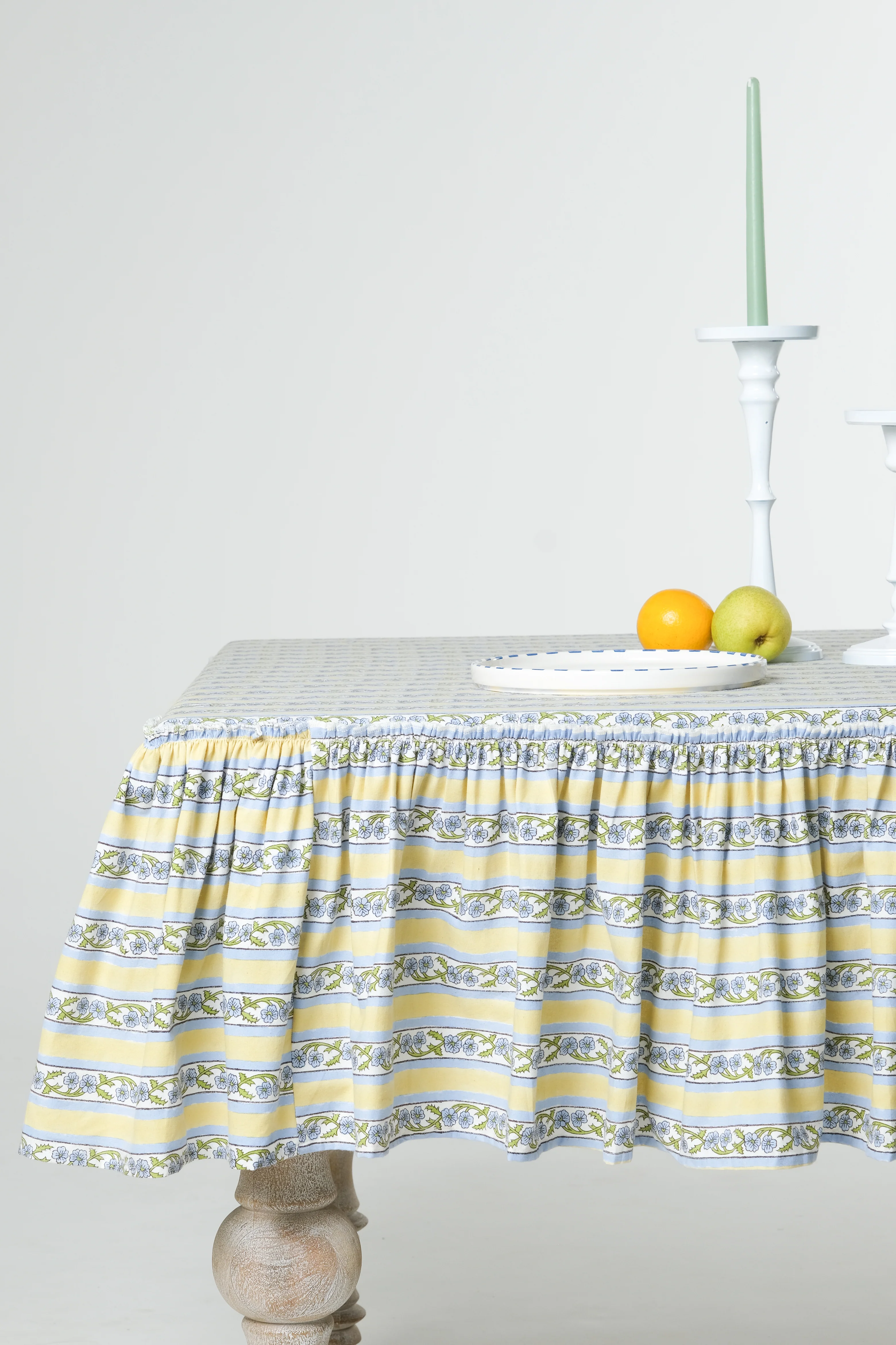 Provence Ruffled Blockprint Tablecloth in Butter Yellow - Image 3
