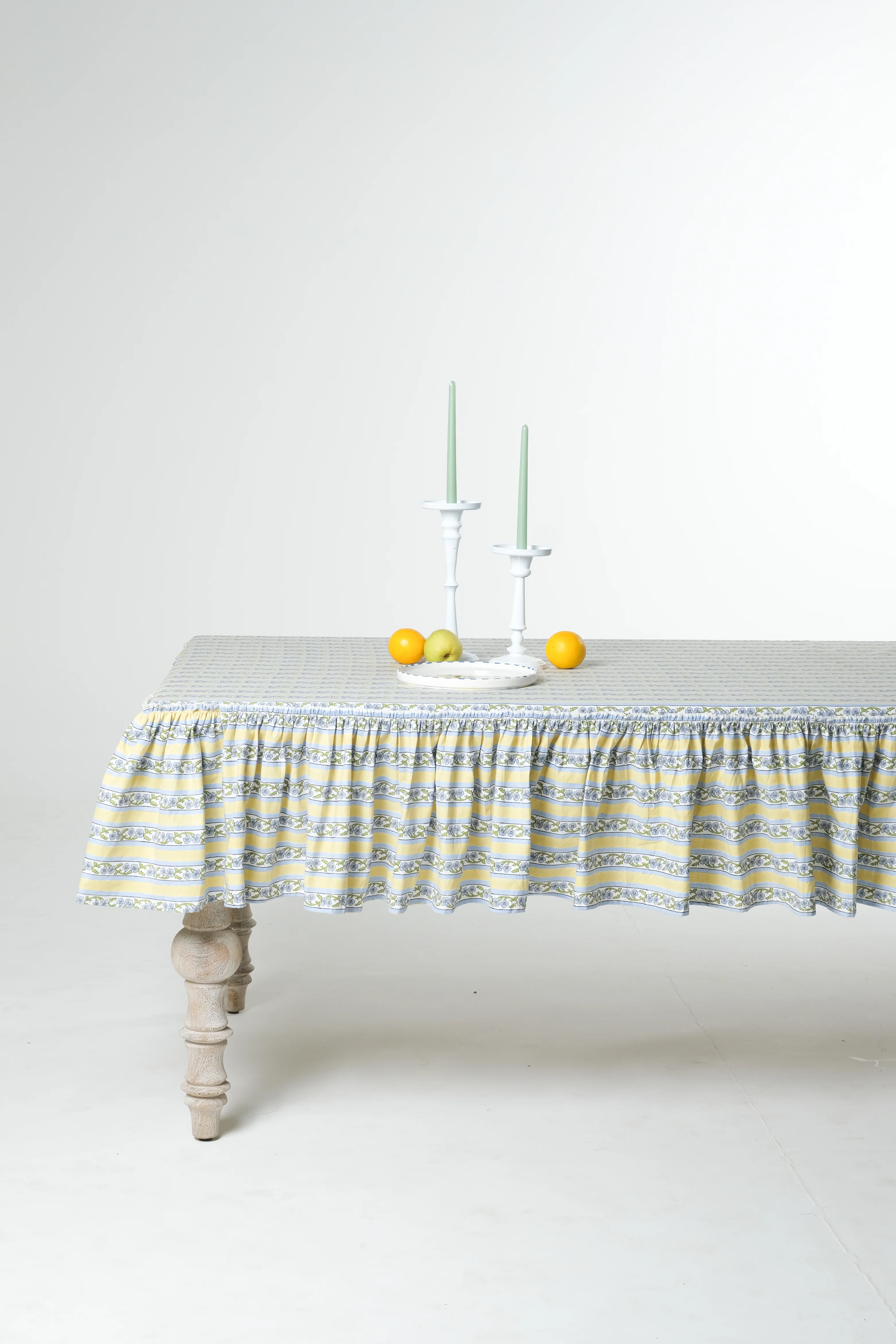 Provence Ruffled Blockprint Tablecloth in Butter Yellow - Image 4