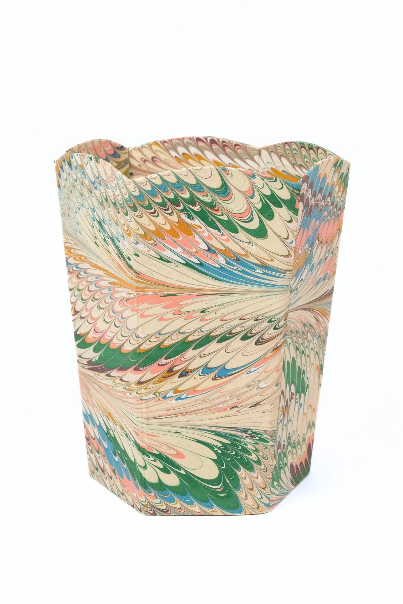 Hand-Marbled Scallop Waste Bin / Storage Bin in Flatiron Feathers