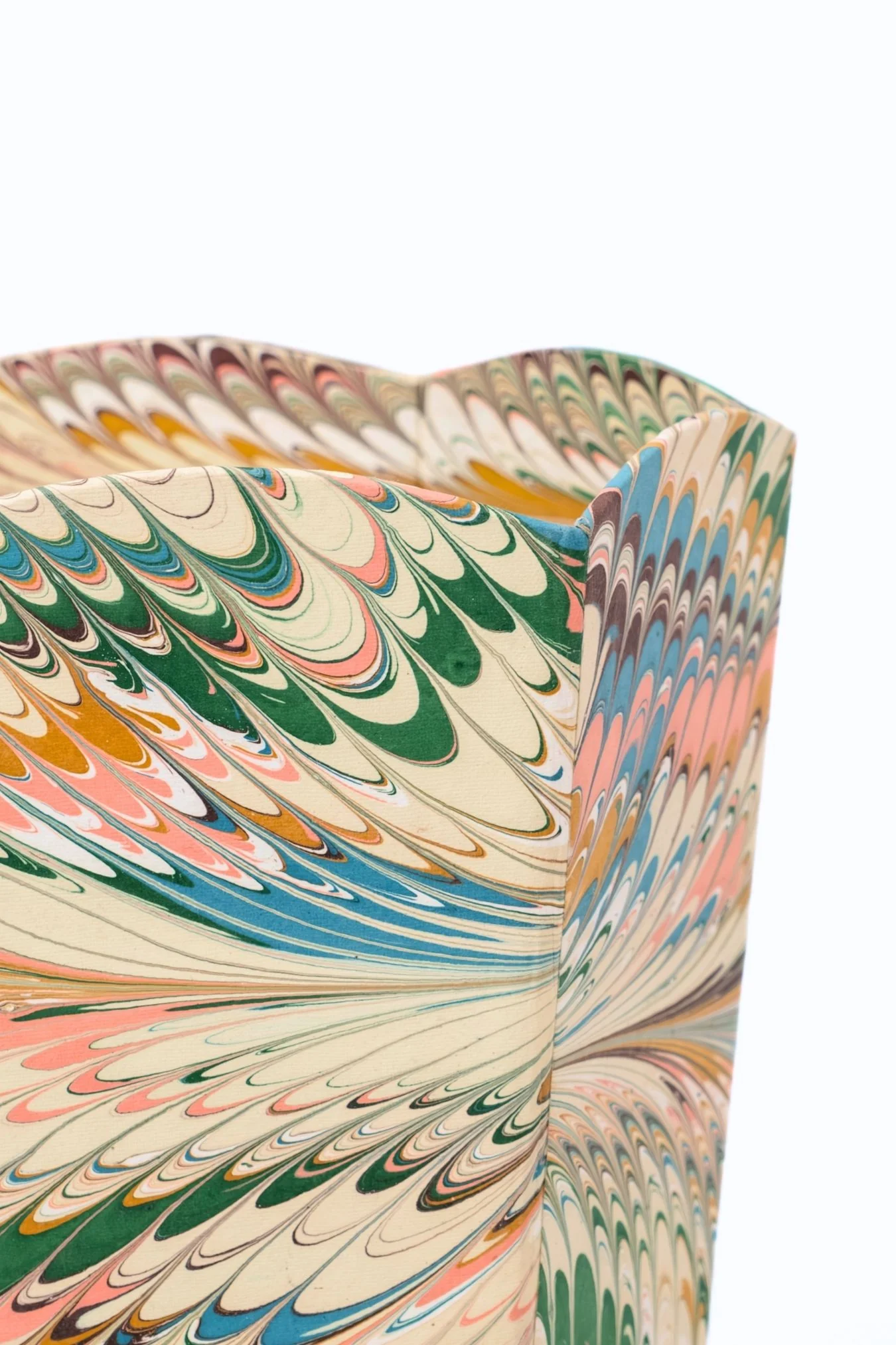 Hand-Marbled Scallop Waste Bin / Storage Bin in Flatiron Feathers - Image 2