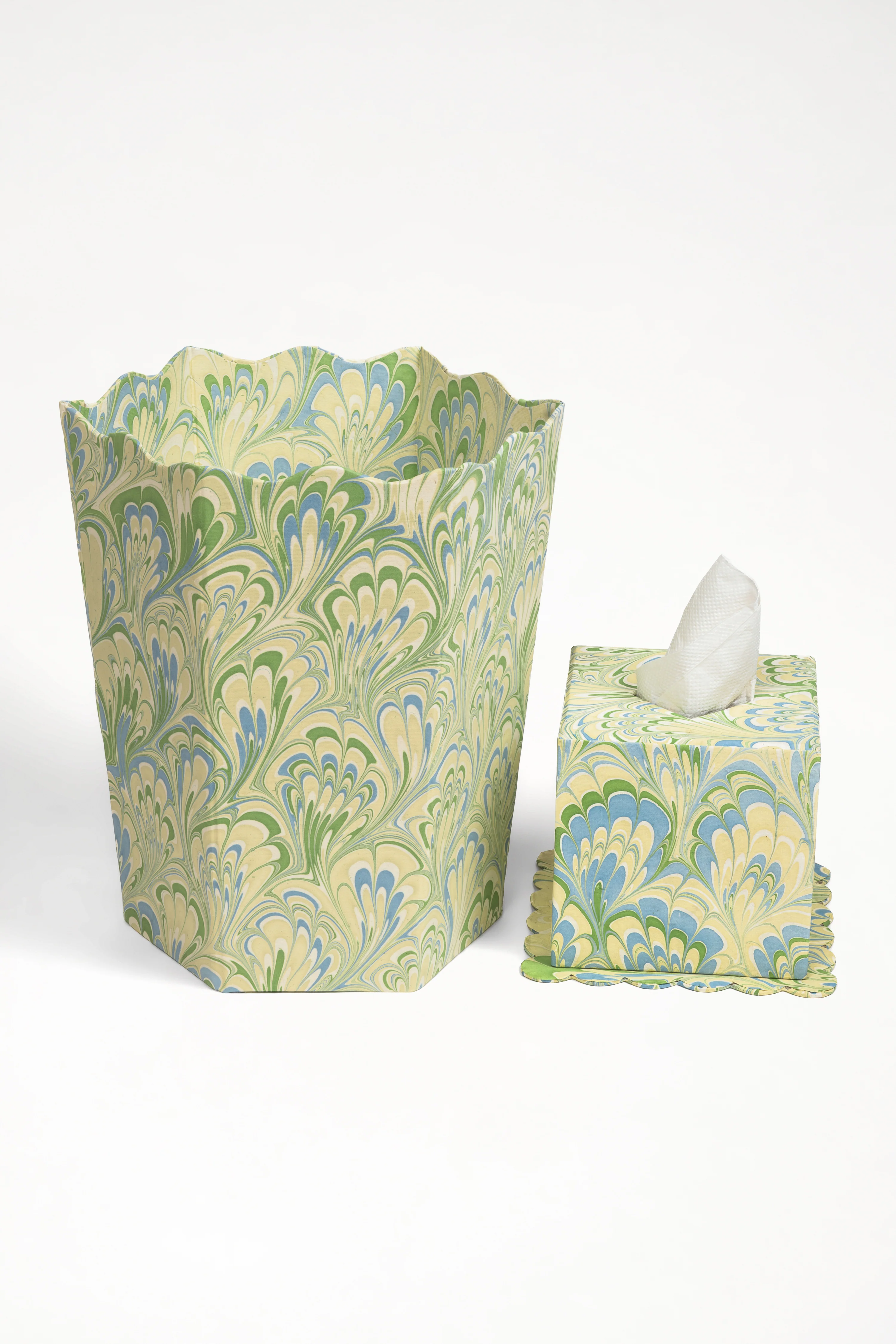 Hand-Marbled Scallop Waste Bin / Storage Bin in Seaglass Peacock - Image 3
