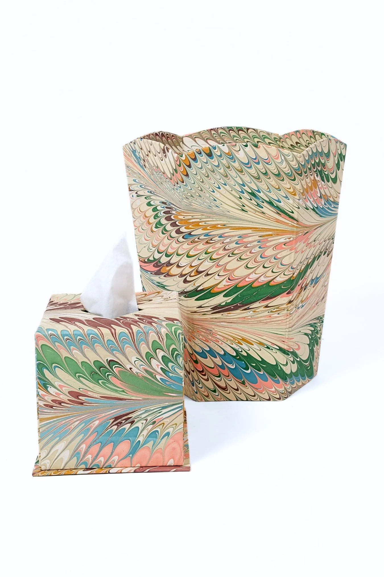 Hand-Marbled Scallop Waste Bin / Storage Bin in Flatiron Feathers - Image 3