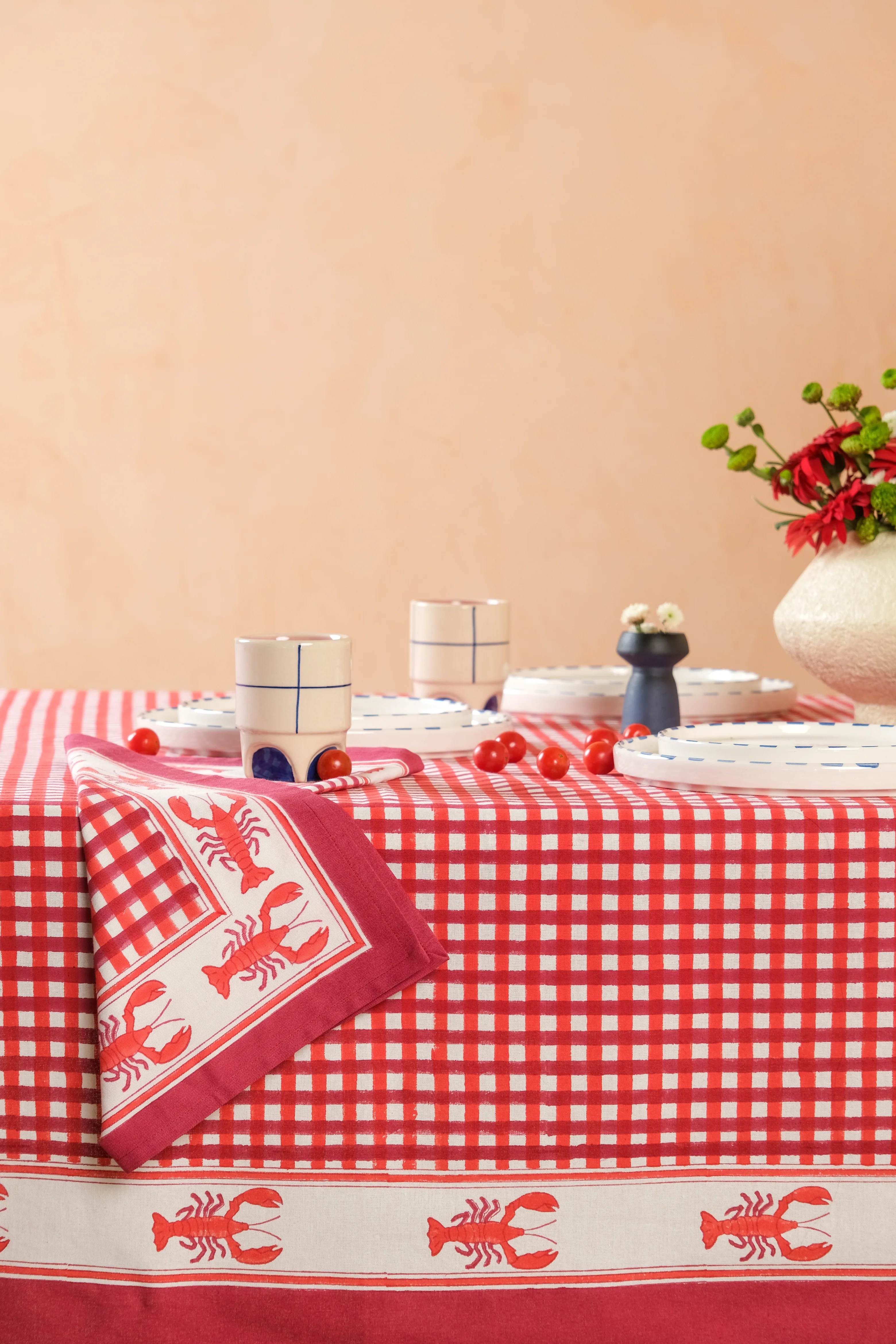 Lobster Red Gingham Blockprint Tablecloth - Image 3
