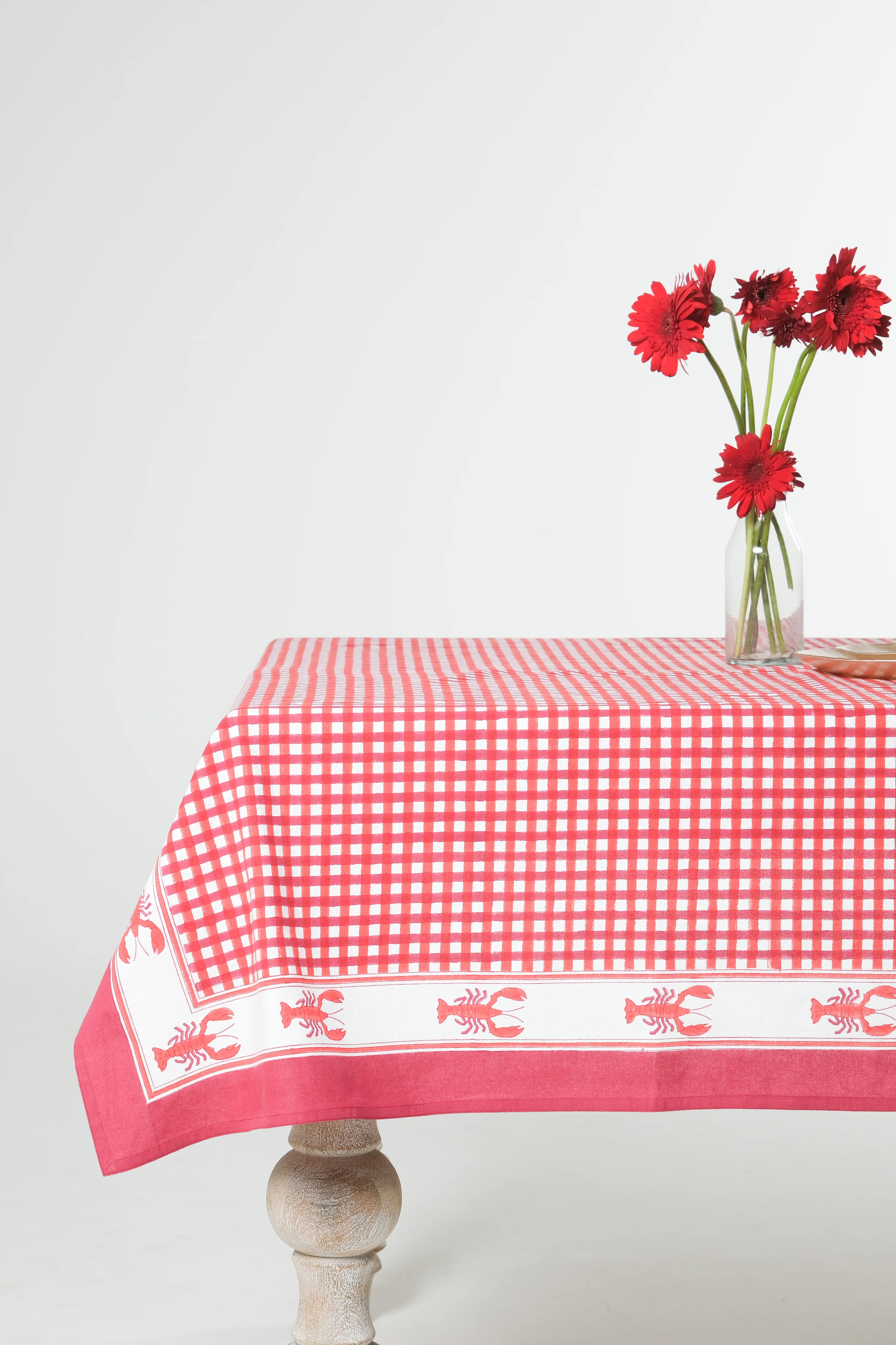 Lobster Red Gingham Blockprint Tablecloth - Image 4