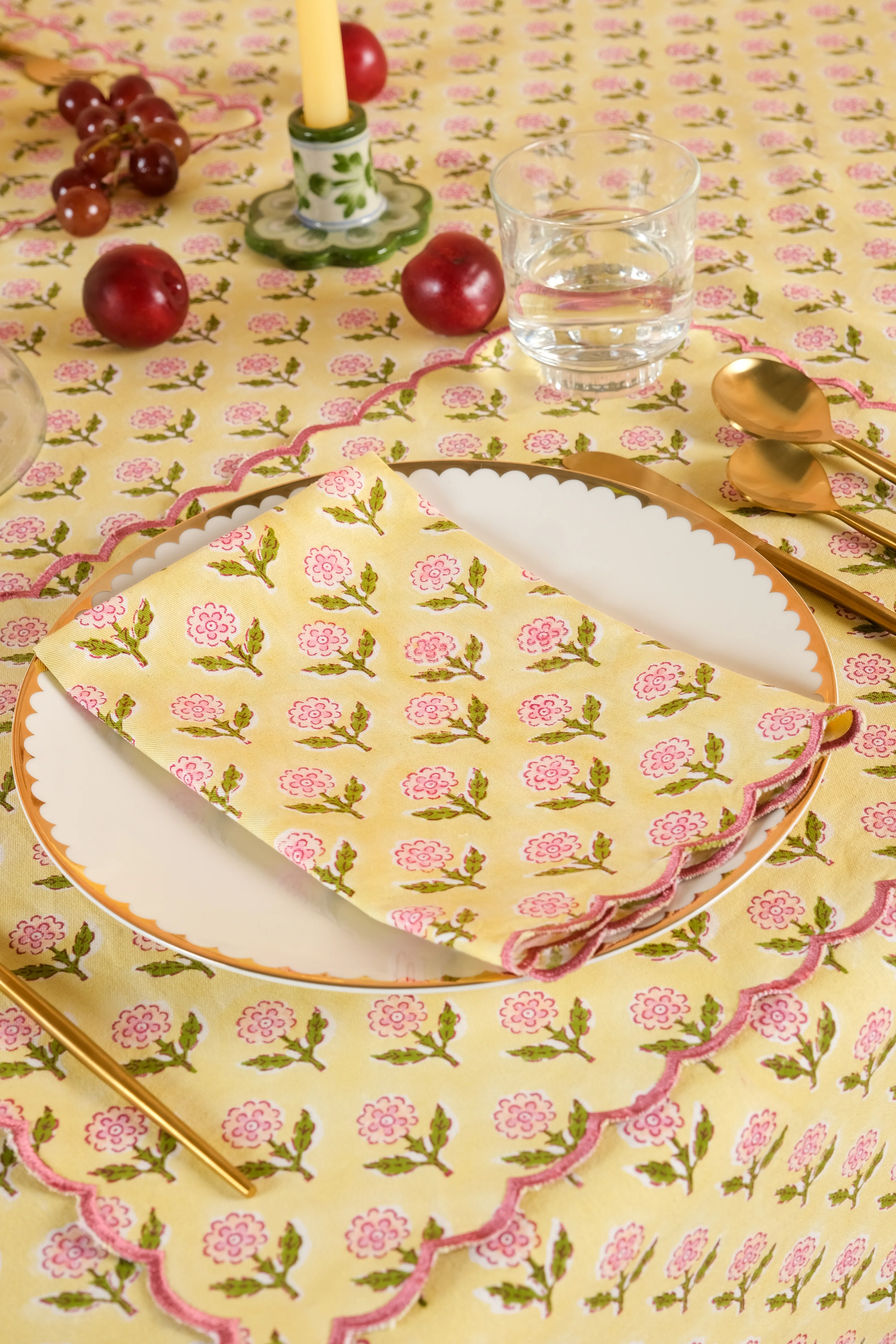 Mona Scallop Embroidered Blockprint Placemat in Butter Yellow - Image 2
