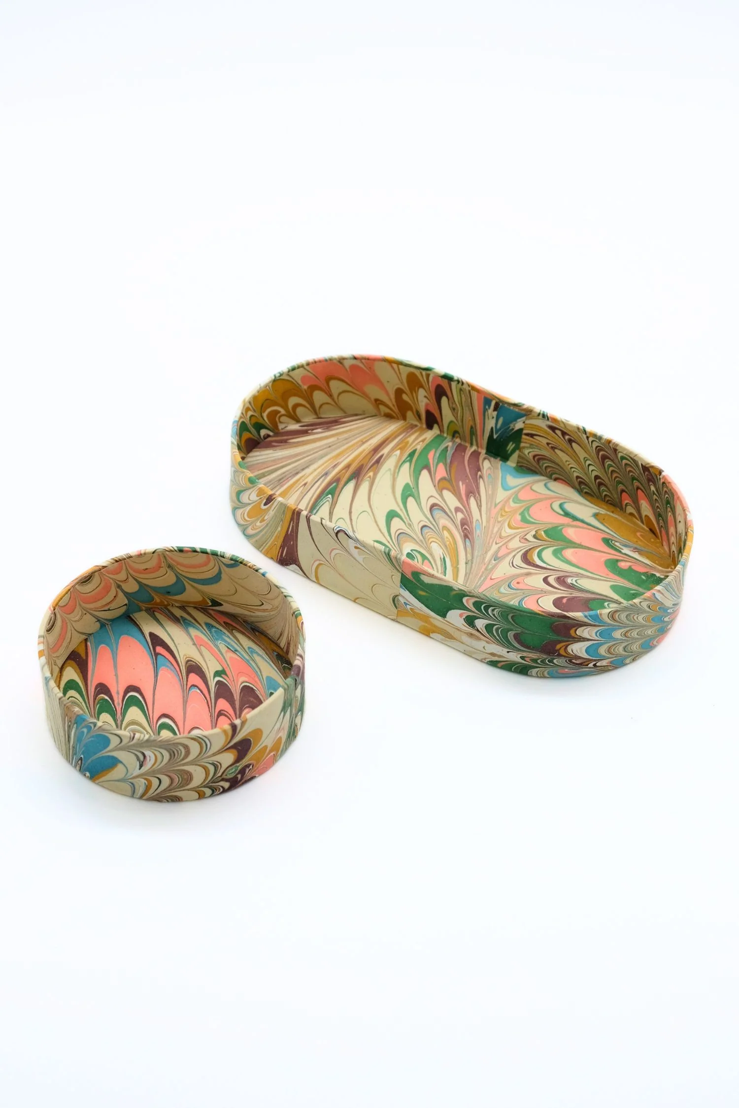 Nesting Hand-Marbled Oval Desk Tray Set in Flatiron Feathers