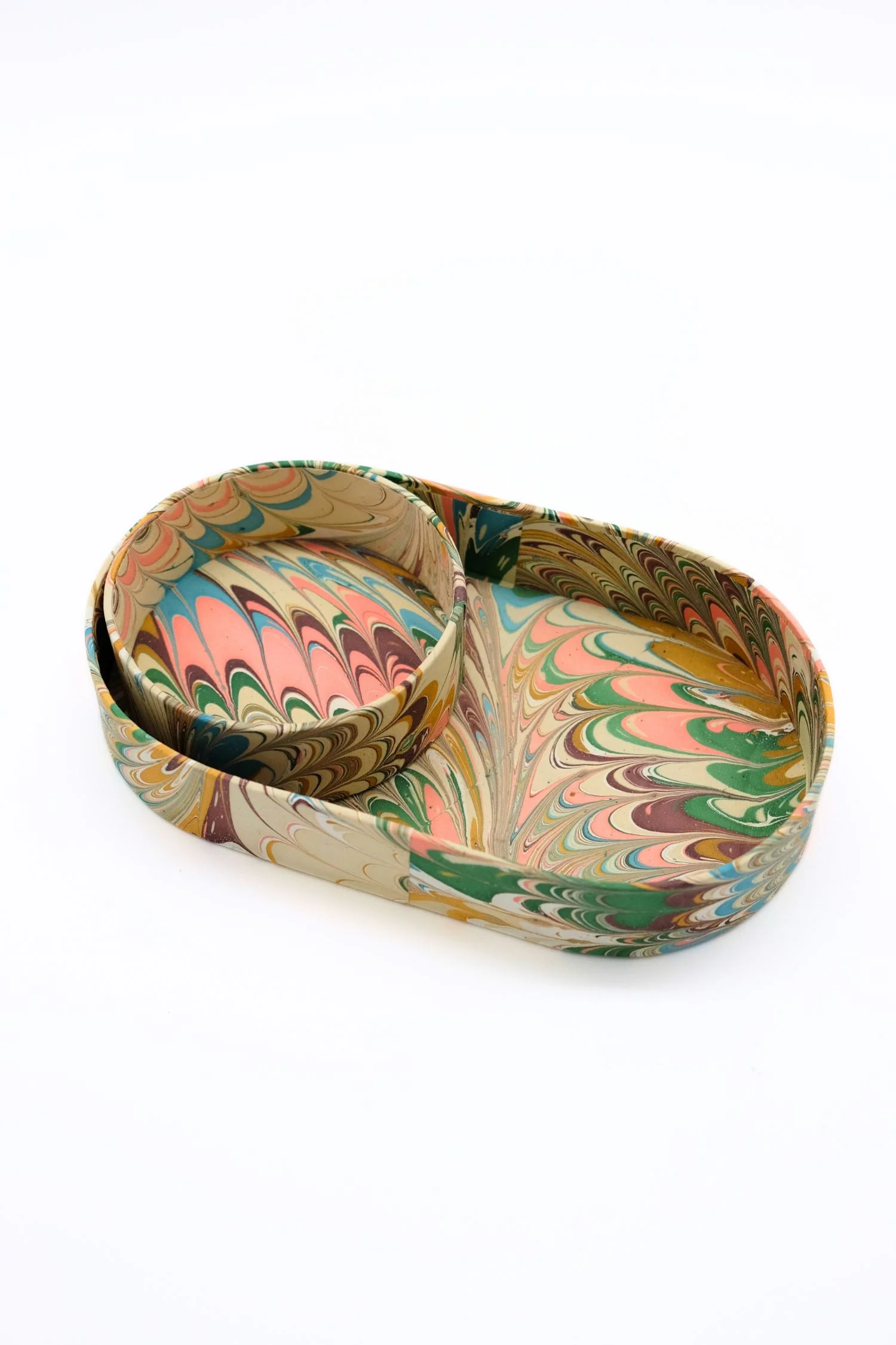 Nesting Hand-Marbled Oval Desk Tray Set in Flatiron Feathers - Image 2