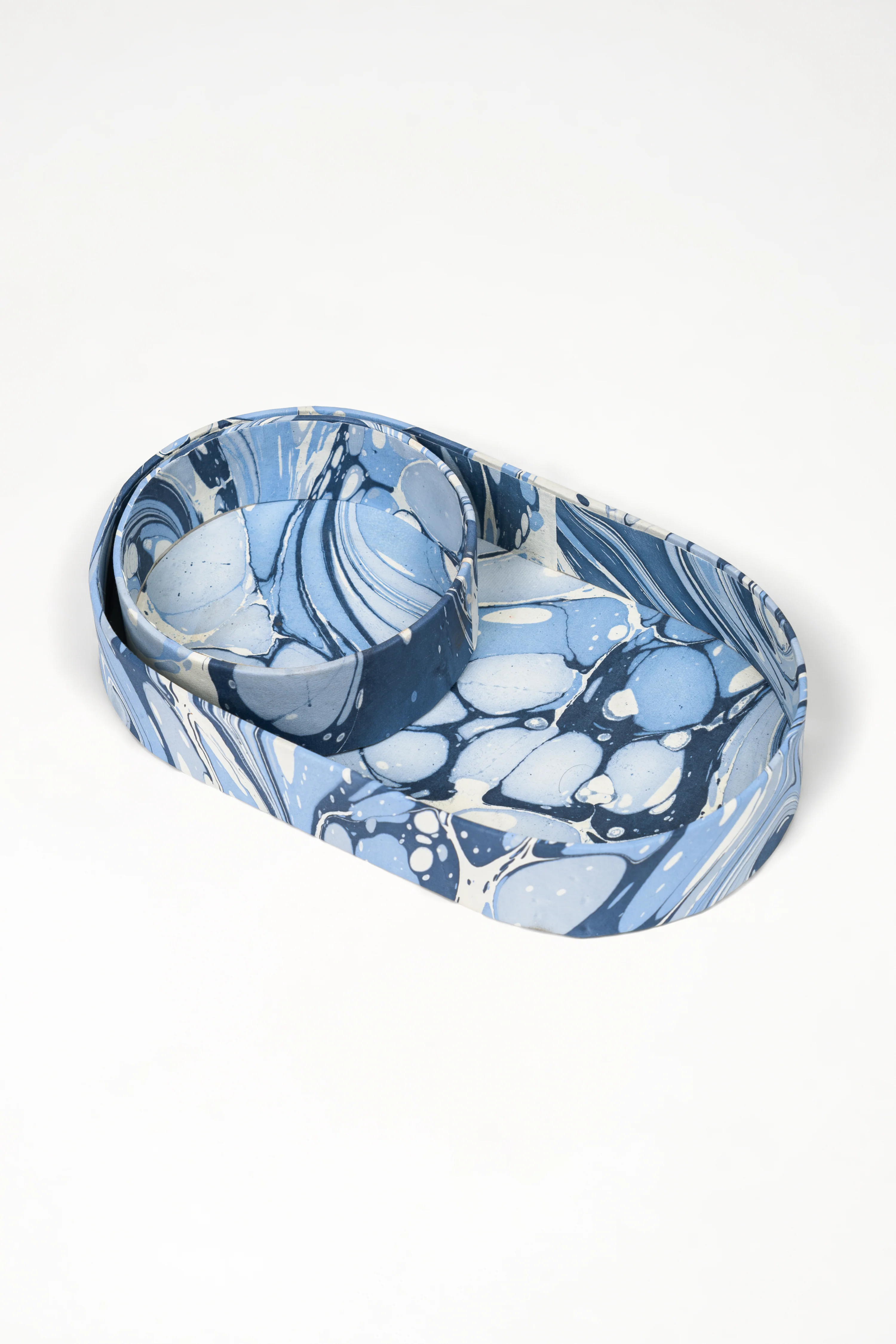 Nesting Hand-Marbled Oval Desk Tray Set in Ocean Wave - Image 4