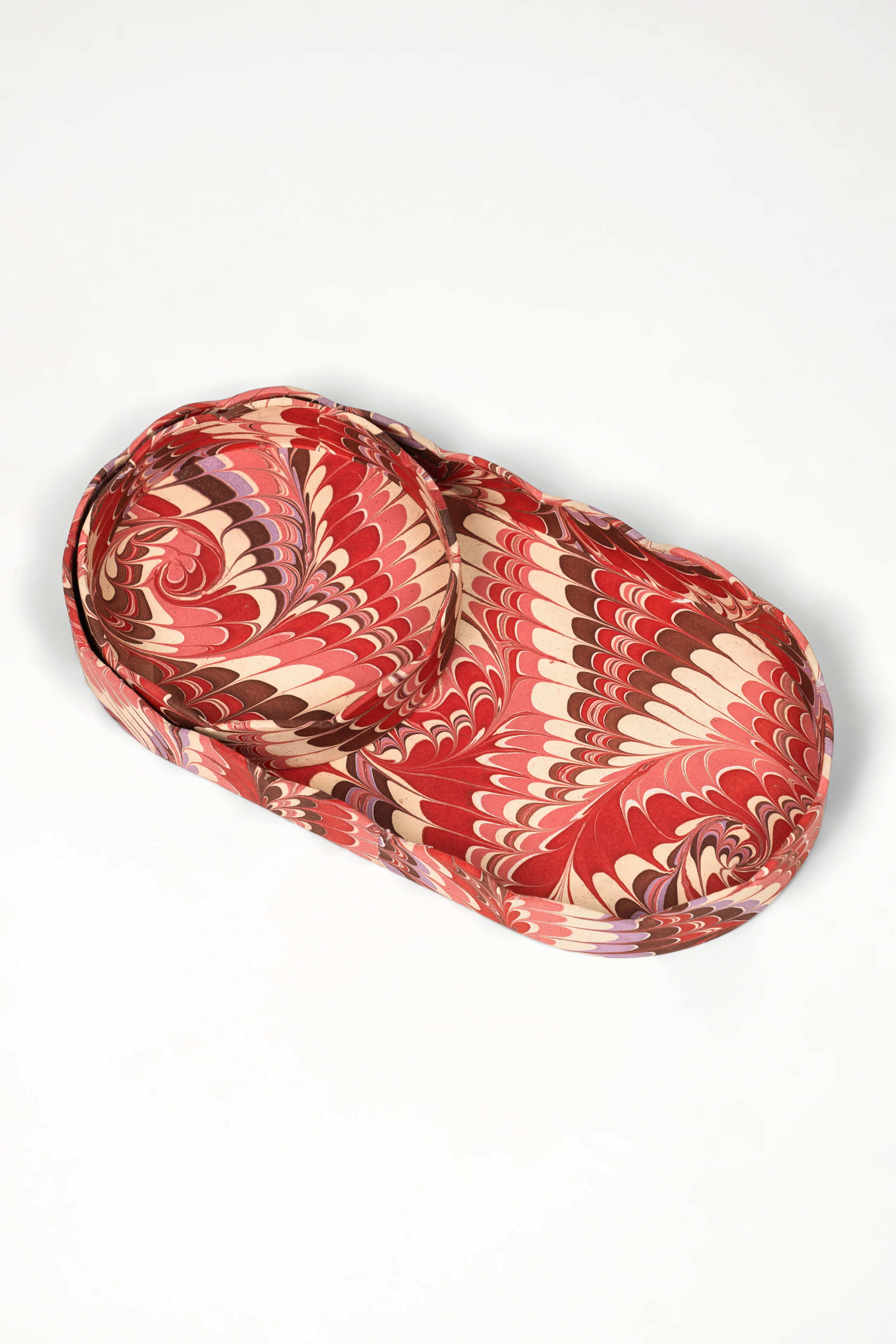 Nesting Scalloped Hand-Marbled Oval Desk Tray Set in Florentine Pink