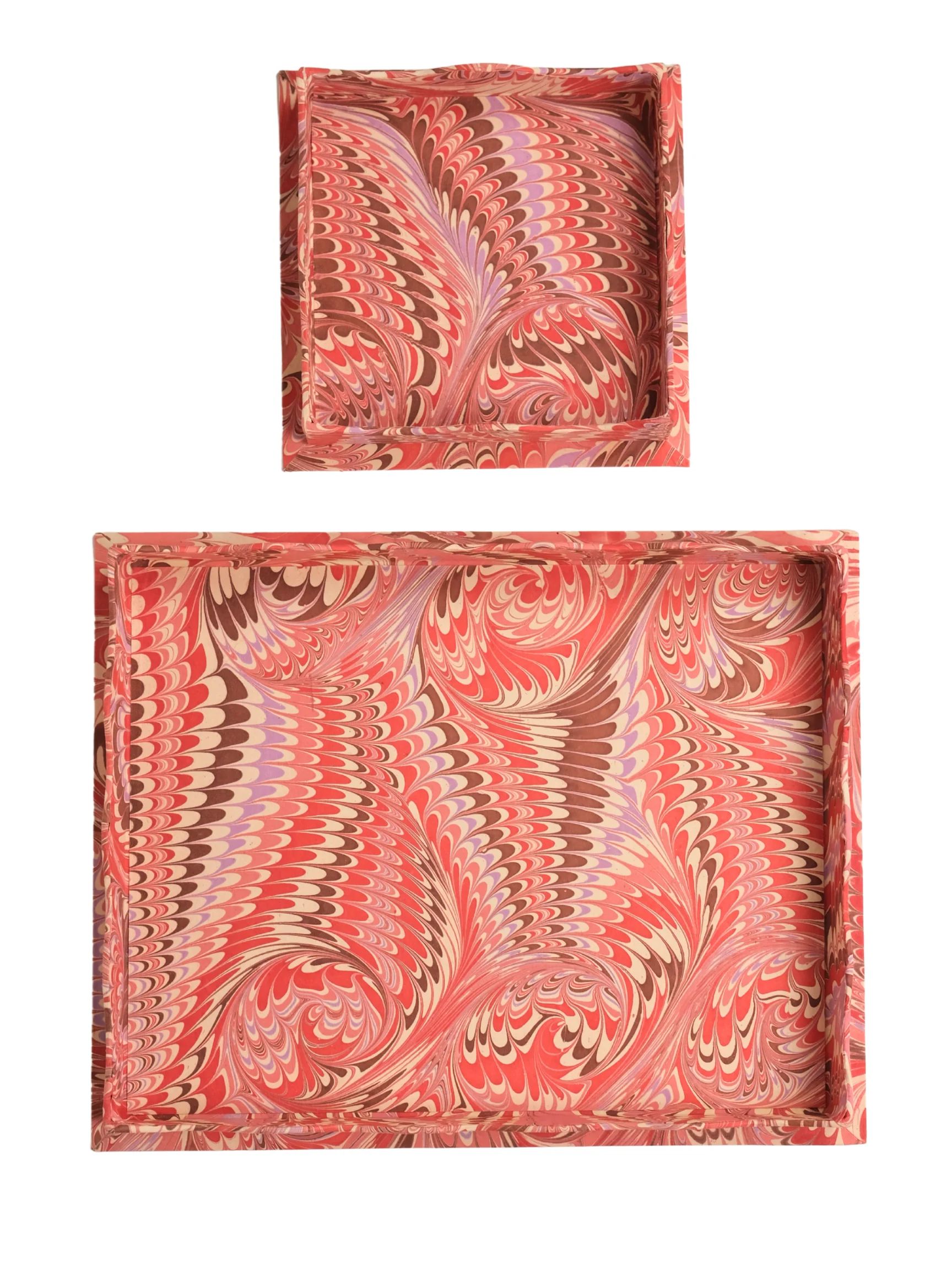 Nesting Scalloped Hand-Marbled Trays in Florentine Pink - Image 2