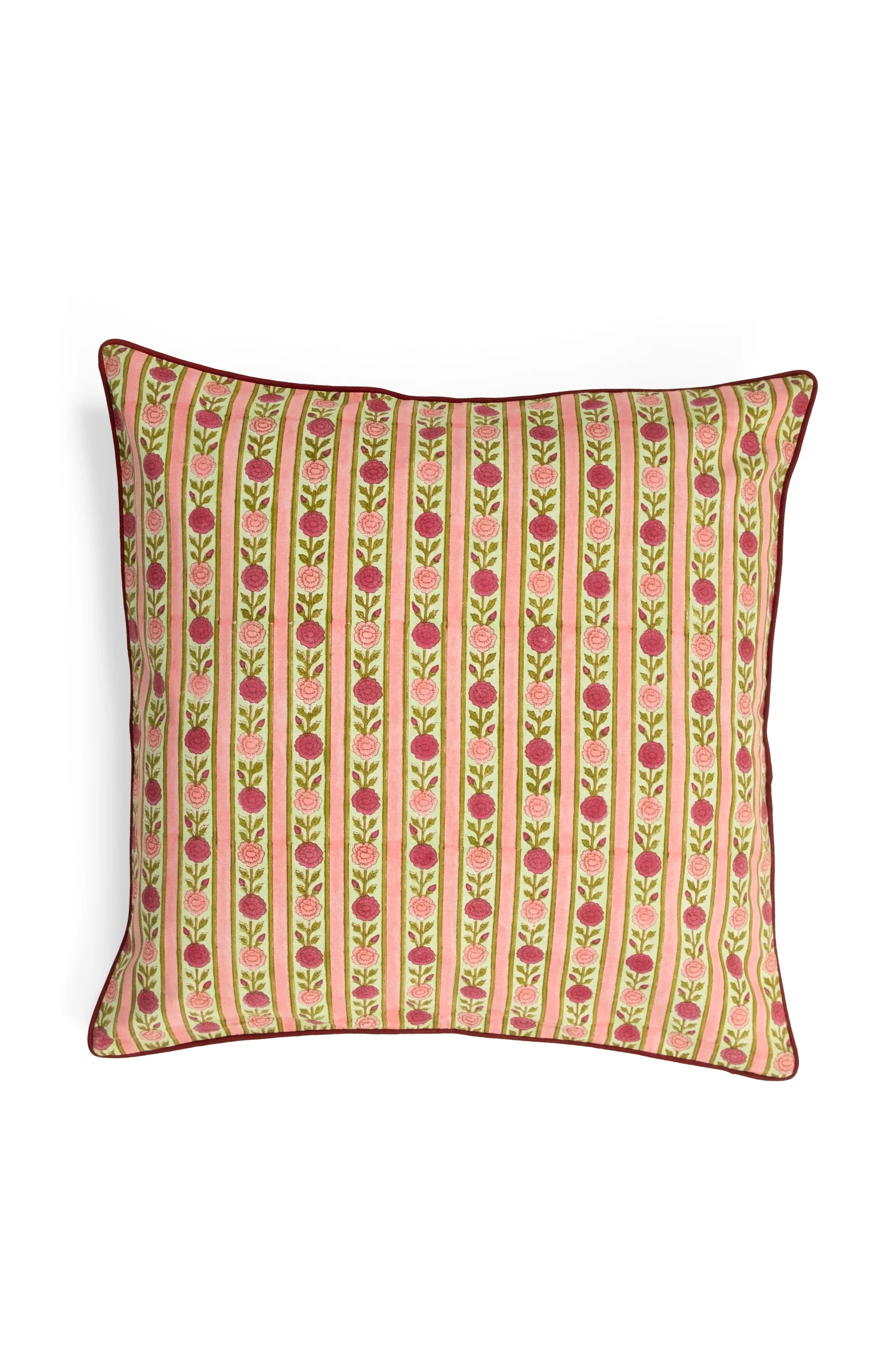 Vintage Floral Stripe Blockprint Pillow — Pink
