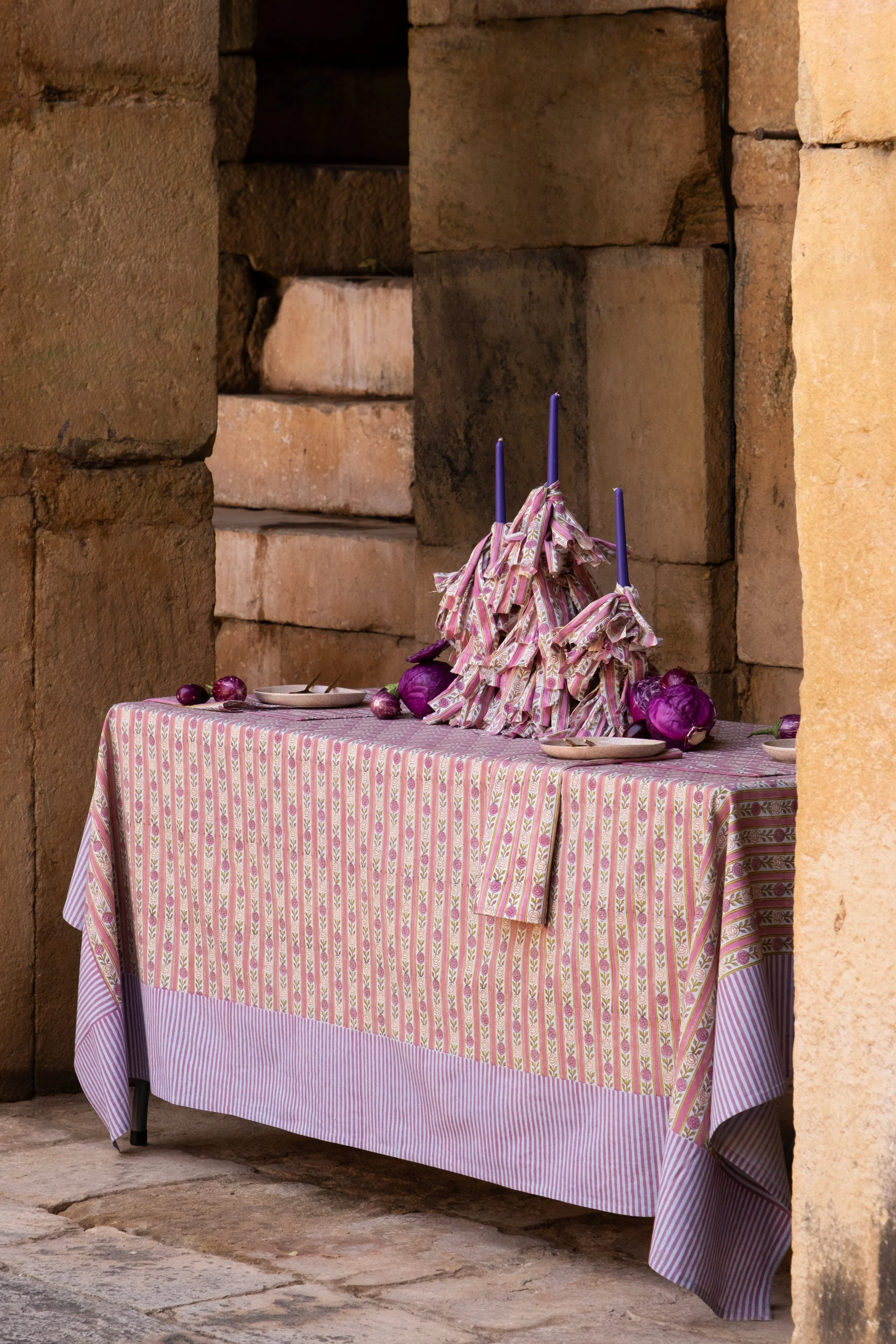 Vintage Floral Stripe Blockprint Tablecloth — Purple