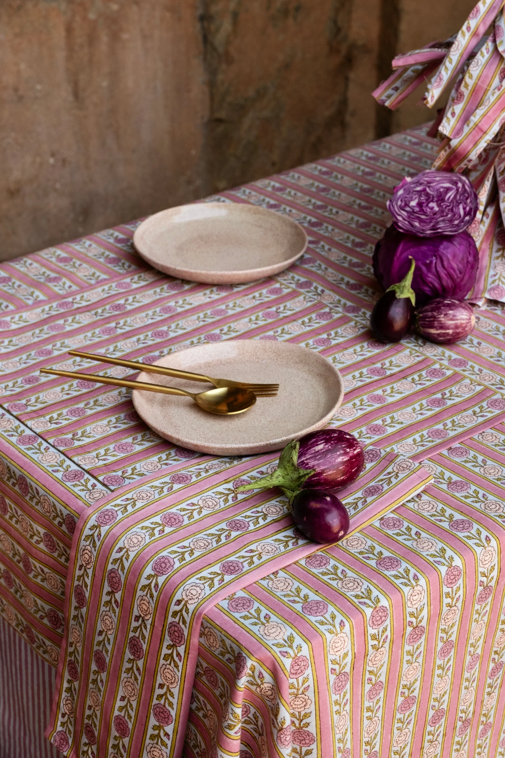 Vintage Floral Stripe Blockprint Tablecloth — Purple - Image 2