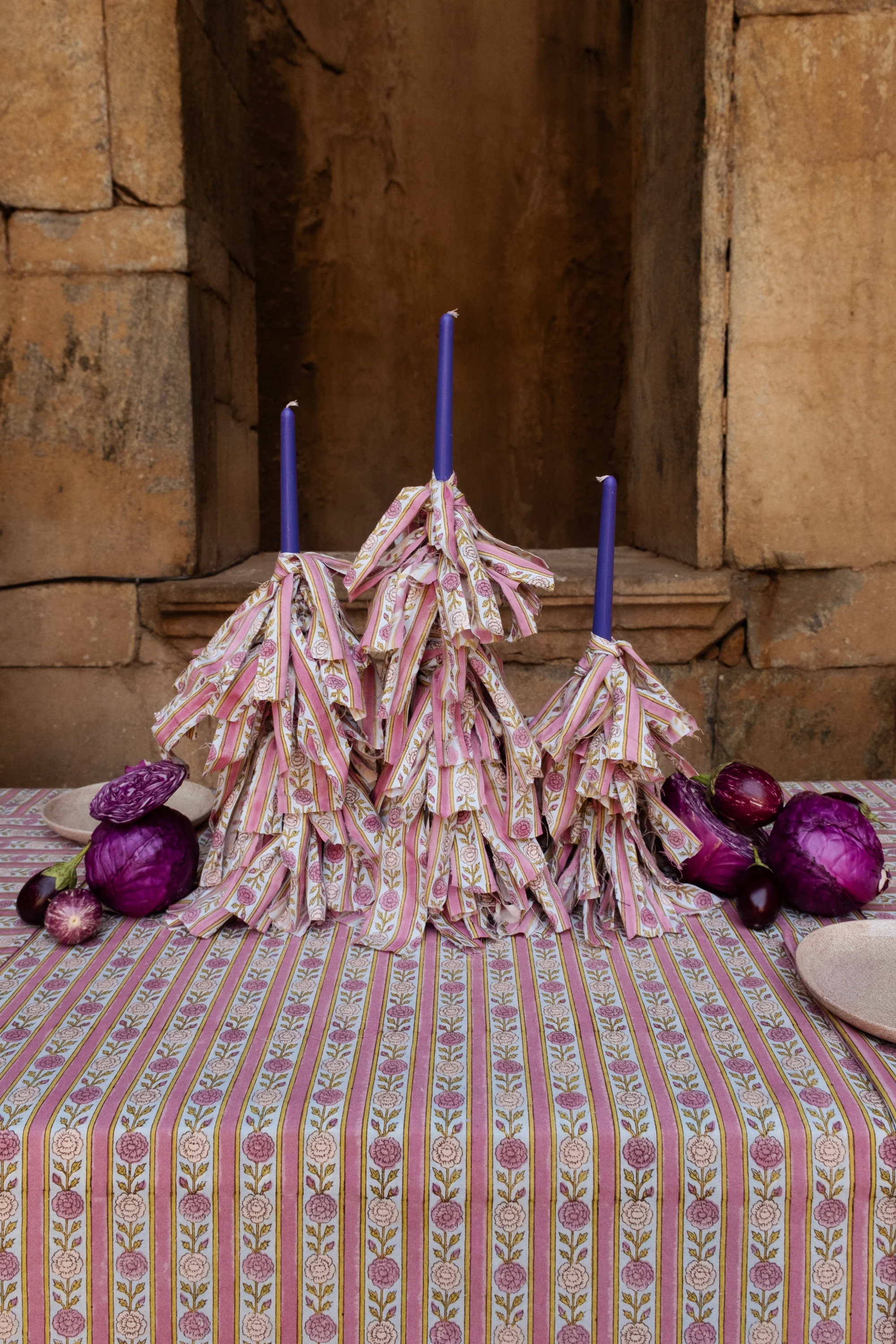 Vintage Floral Stripe Blockprint Tablecloth — Purple - Image 3