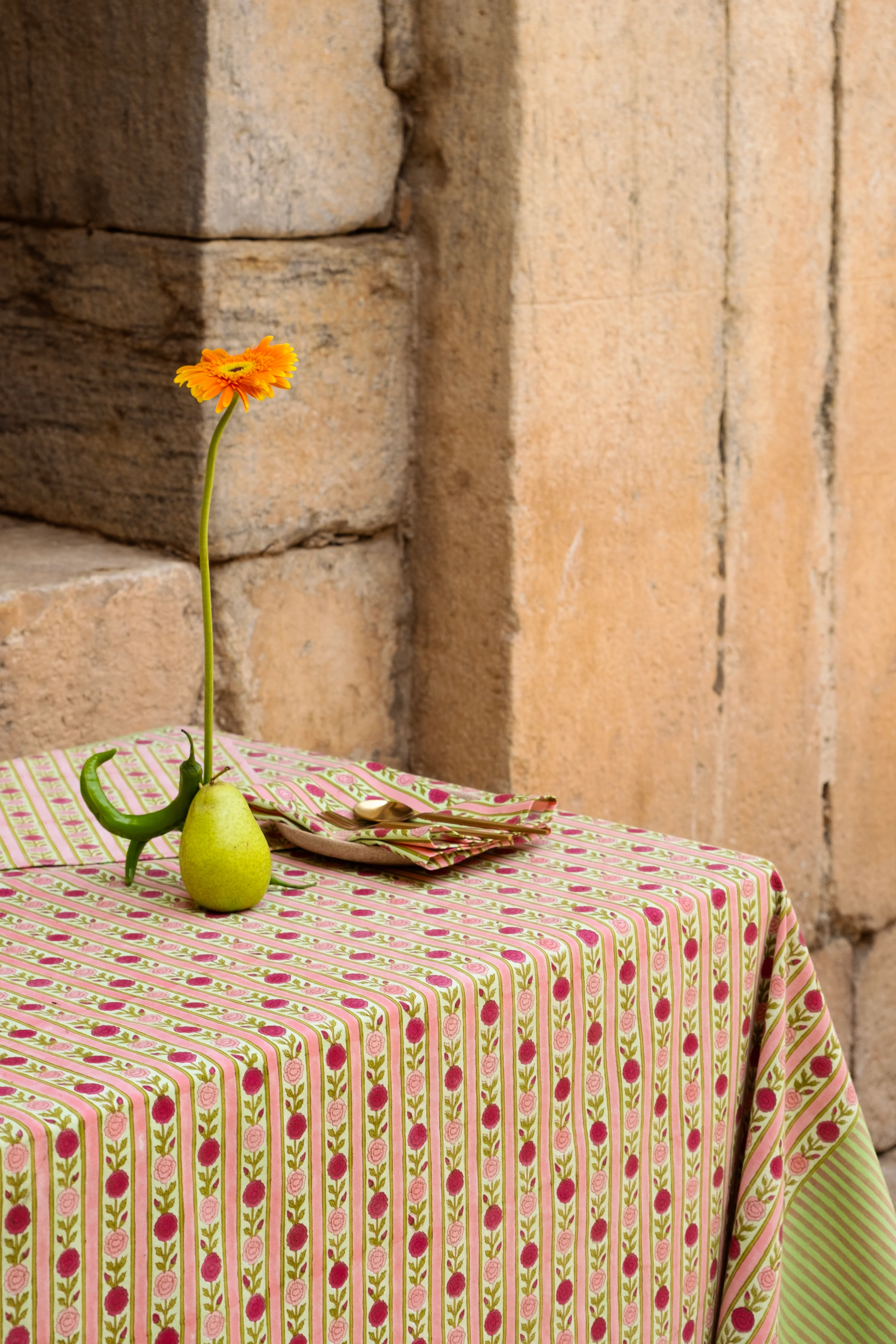 Vintage Floral Stripe Blockprint Tablecloth — Pink - Image 3