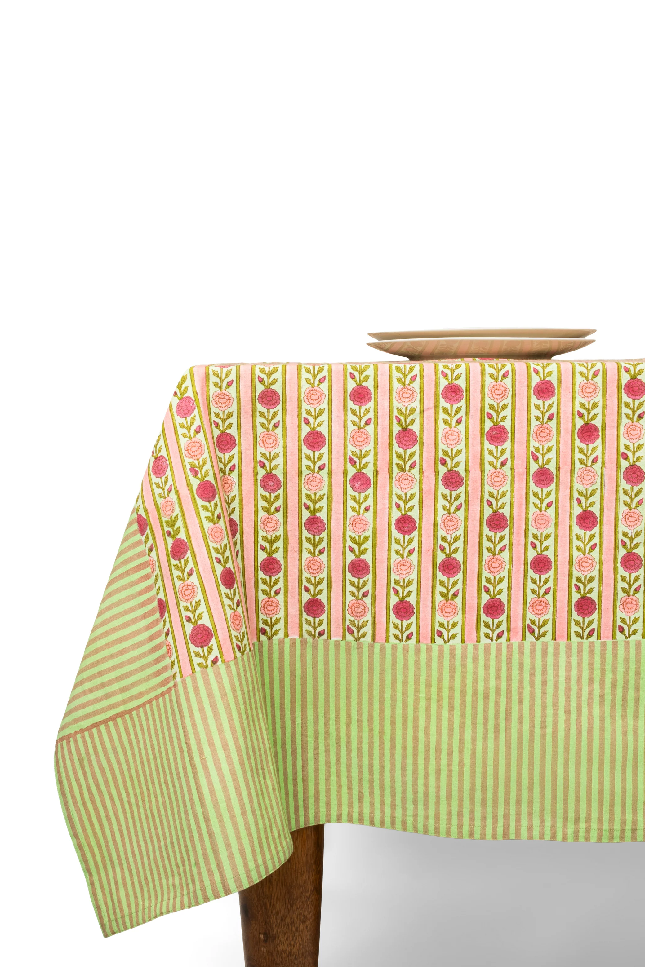Vintage Floral Stripe Blockprint Tablecloth — Pink - Image 5